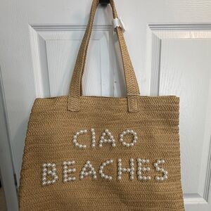Urban Expressions Straw Tote Bag with Pearl 'Ciao Beaches' Accent - Tan
